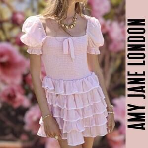 Amy Jane London dress mini tiered ruffled smocked crochet trim Medium